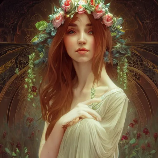 Prompt: portrait of very beautiful elf, rose crown, thorn background, headshot, pale skin, 4k, rule of thirds, extreme detail, detailed drawing, trending artstation, hd, fantasy, D&D, realistic lighting, by Alphonse Mucha, Greg Rutkowski, sharp focus, backlit, bright white hair, elegant