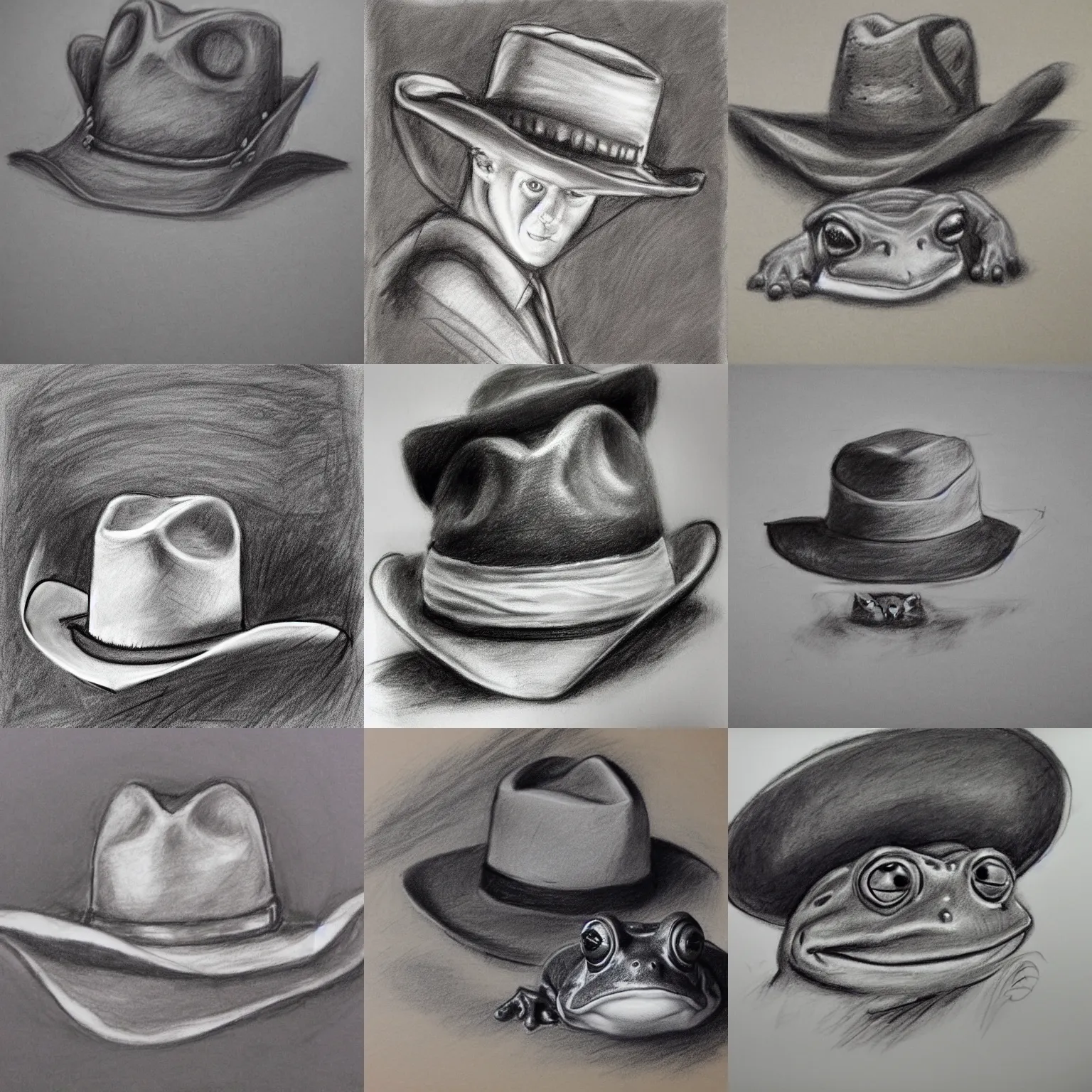 Prompt: charcoal drawing sketch of a frog in a cowboy hat