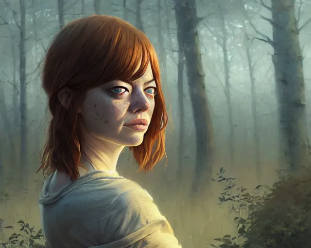 Image similar to highly detailed portrait of emma stone, in the walking dead, stephen bliss, unreal engine, fantasy art by greg rutkowski, loish, rhads, ferdinand knab, makoto shinkai and lois van baarle, ilya kuvshinov, rossdraws, tom bagshaw, global illumination, radiant light, detailed and intricate environment