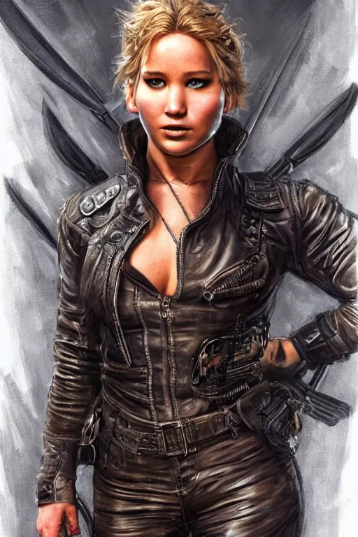 Prompt: muscled Jennifer Lawrence as a ruggedly handsome heroine , dressed in biker leather, intricate, elegant, highly detailed, centered, digital painting, artstation, concept art, smooth, sharp focus, illustration, art by artgerm and donato giancola and Joseph Christian Leyendecker, Ross Tran, WLOP