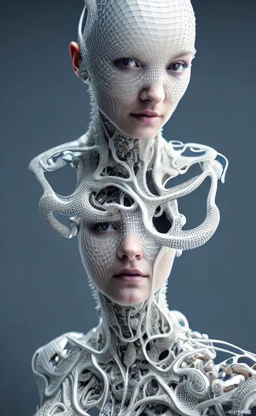 Image similar to intricate hyper detailed ultra sharp natural bright light 3 d render of a beautiful smooth porcelain fascinating cyborg woman portrait, medium shot portrait, alexandre ferra mecha, cyberpunk art nouveau haute couture huge fractal white silver gold mycelum and crystal pore fungi head ornaments, big embroidered leaves filigree spreaded roots, octane render, volumetric cinematic lighting, 8 k, vray tracing