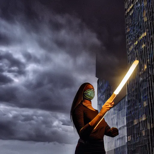 Image similar to michelangelo woman carrying torch at cnn headquarters with stormy lighting and clouds in the background 4 k hdr