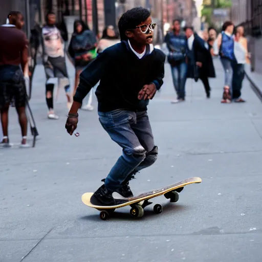 Image similar to high quality photo of a black harry potter on a skateboard in new york city