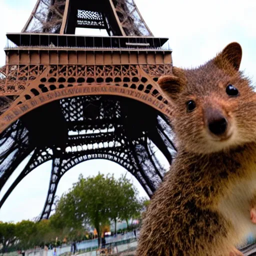 Image similar to a quokka taking a selfie in front of the eiffel tower, photorealistic