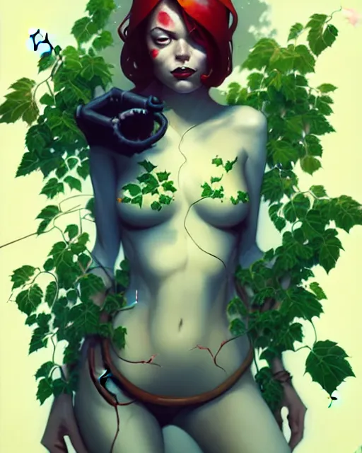 Prompt: peter mohrbacher, phil noto comicbook cover art, artgerm, emma stone poison ivy, vines, symmetrical eyes, full body, city rooftop