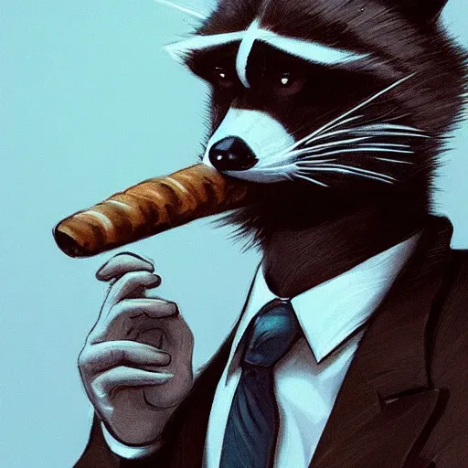 Image similar to a racoon wearing a suit smoking a cigar on his mouth, dramatic lighting, cinematic, establishing shot, extremly high detail, photorealistic, cinematic lighting, artstation, style by James Gurney