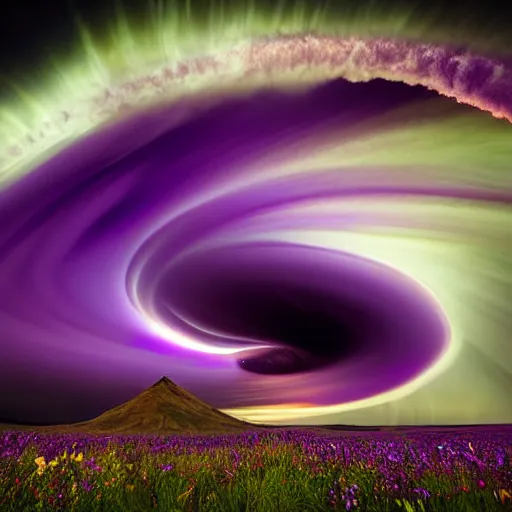 Image similar to amazing photo of a purple tornado in the shape of a funnel in the sky by marc adamus, digital art, beautiful dramatic lighting