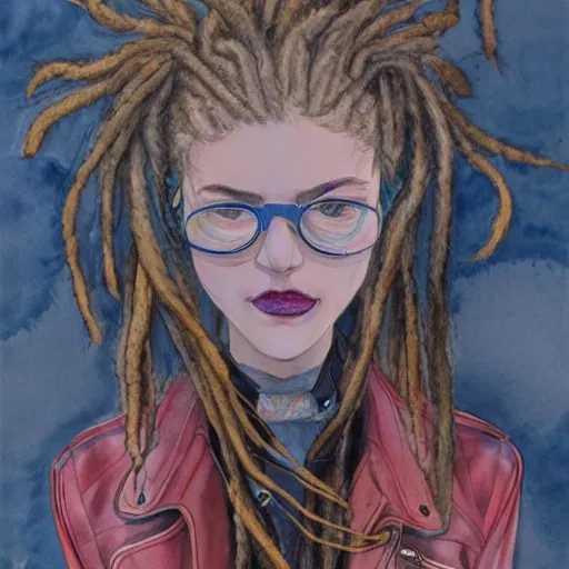 Image similar to james jean water color of a beautiful girl with dreadlock and a leather jacket