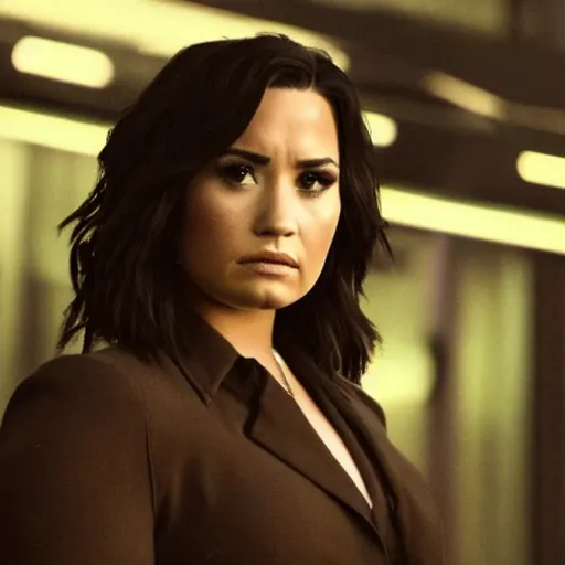 Image similar to close-up of Demi Lovato as a detective in a movie directed by Christopher Nolan, movie still frame, promotional image, imax 70 mm footage