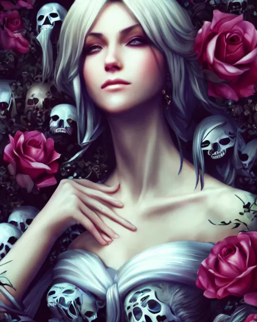 Prompt: an elegant lady surrounded by skulls in a garden full of roses, final fantasy, final fantasy, cushart krenz, very detailed, realistic face, detailed face, matte, tonemapping, perfection, 4 k,