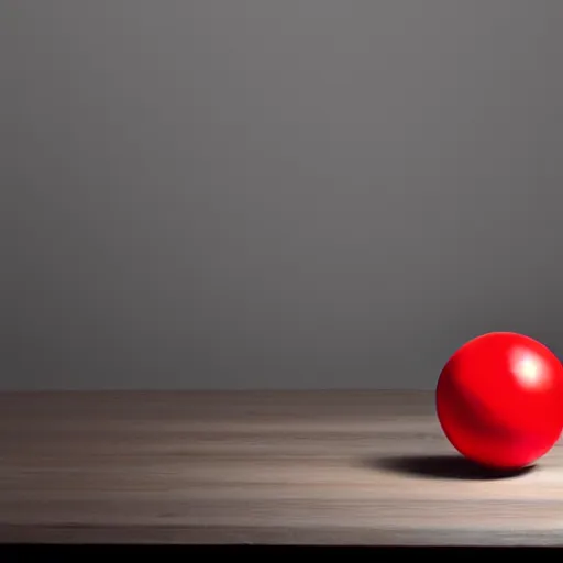 Prompt: red ball on the table, inside the kitchen. dark lighting. volumetric light