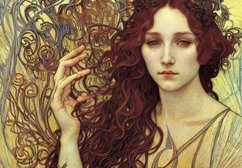 Image similar to detailed realistic beautiful young medieval queen face portrait by jean delville, alphonse mucha, vincent van gogh, and marco mazzoni, art nouveau, symbolist, visionary, gothic, pre - raphaelite