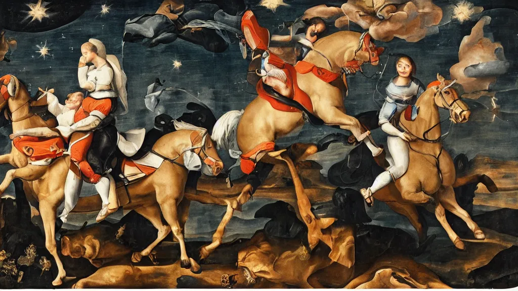 Prompt: astronaut hold horse, horse ball, a horse riding an astronaut, mannerism, mannerist