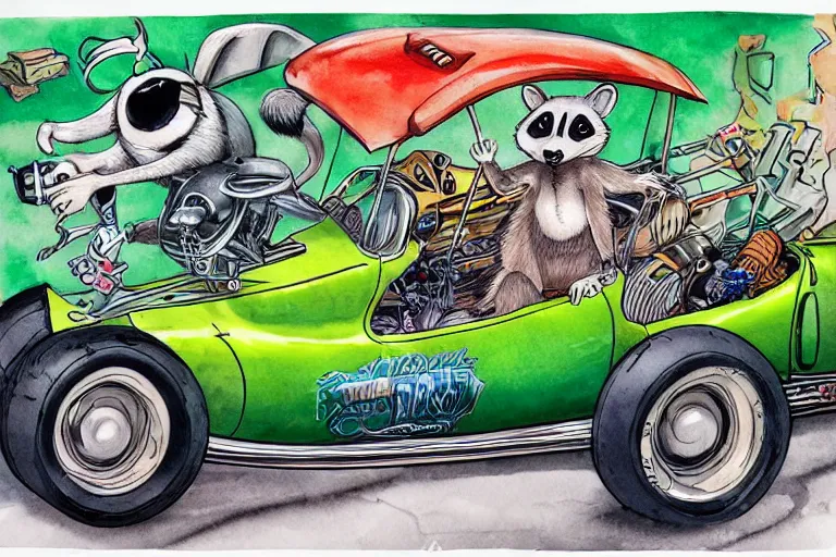 Image similar to racoon riding in a tiny hot rod coupe with oversized engine, ratfink style by ed roth, centered award winning watercolor pen illustration, by chihiro iwasaki, edited by range murata