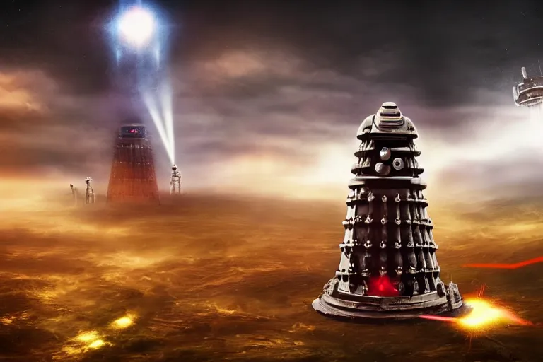 Prompt: colossal Dalek towering over village shooting lasers, houses, trees, looking down, realistic, post apocalyptic style, tornadoes, dark clouds, hyper realistic, wide angle