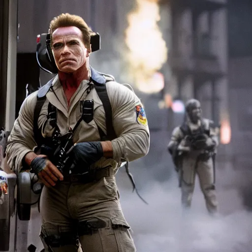 Image similar to stunning awe inspiring arnold schwarzenegger as a ghostbuster, movie still 8 k hdr atmospheric lighting