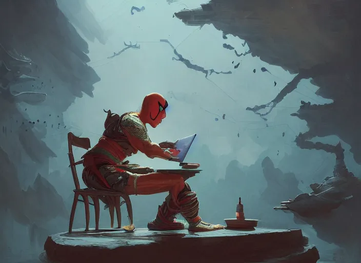 Image similar to an insanely detailed painting of an asian man wearing a homemade superhero costume, sitting at a desk, staring seriously at the computer and typing, in the style of peter mohrbacher, james jean, ruan jia, dramatic lighting and composition, surreal background, octane render, pixar, trending on artstation, concept art, comic book, view from behind, 8 k