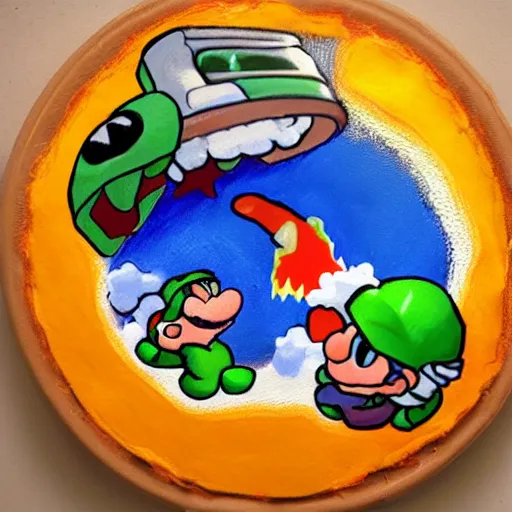 Prompt: oil on styrofoam crust - painting with melt of the yoshi story where baby mario is eaten by kirby