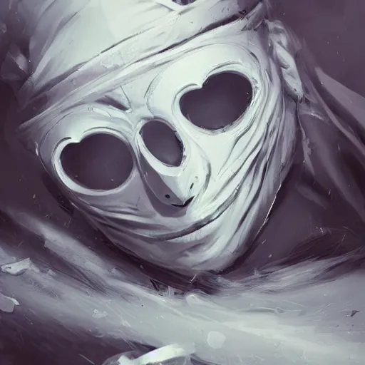 Prompt: white mask, sad frown, lying on the ground, cinematic effect, shades, highly detailed, artstation, digital painting