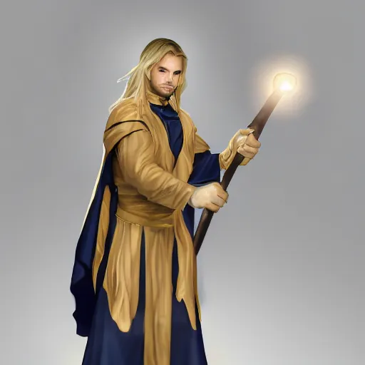 Prompt: A young well kept shaved sorcerer with a blonde ponytail in a navy blue robe with gold accents, he holds a magical staff of light with a bright crystal, medieval fantasy, digital art, trending on artstation