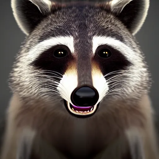 Image similar to a hyperrealistic octane render of a raccoon with camera lenses for eyes, photorealism, unreal engine, dramatic lighting, volumetric lighting, uplighting