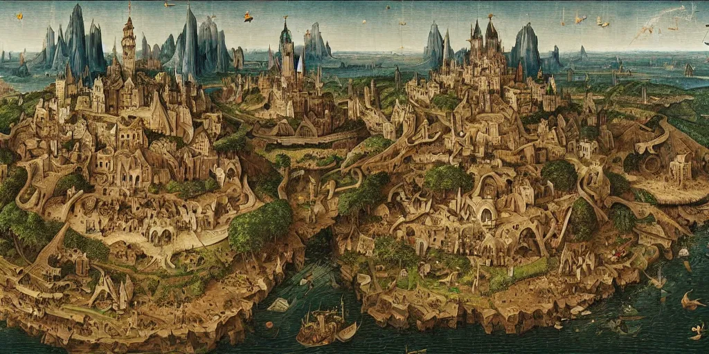 Image similar to laputa : castle in the sky in the style of heironymus bosch, intricate masterpiece, hyper detailed, hd