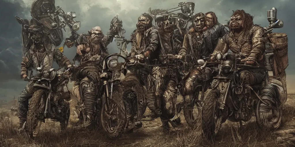 Image similar to psychedelic post apocalyptic orcish biker gang, incredibly detailed, sharp focus, artstation, cgsociety