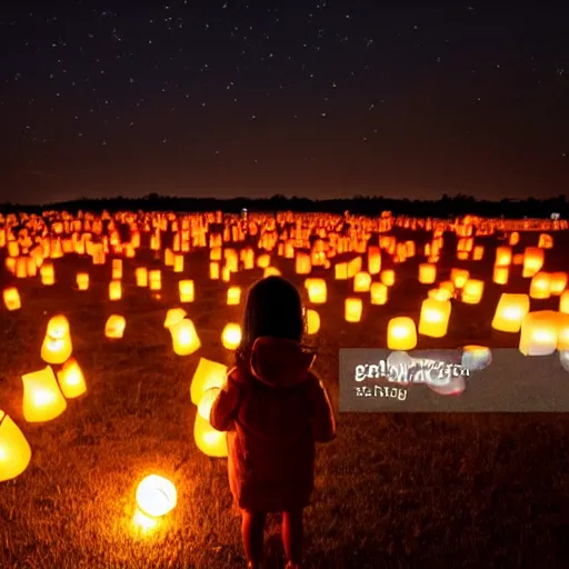 Image similar to a little girl watching hundreds of chinese sky lanterns in the night sky