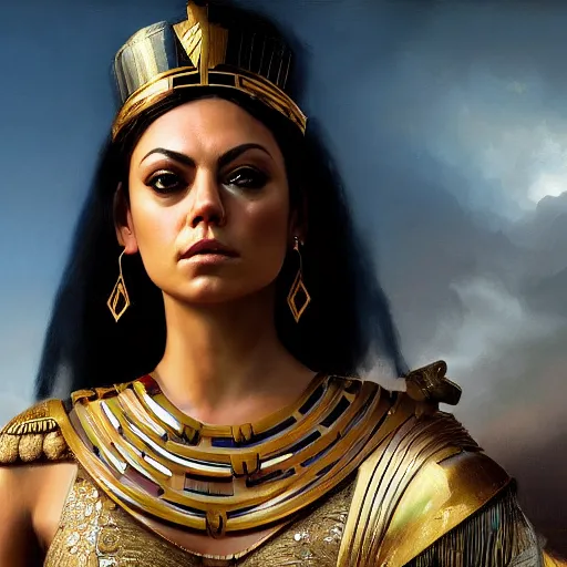 Image similar to closeup portrait of a mila kunis leigh as cleopatra, palace background, dramatic light, gorgeous view, depth, high detail, digital art, painted by greg rutkowski, trending on artstation