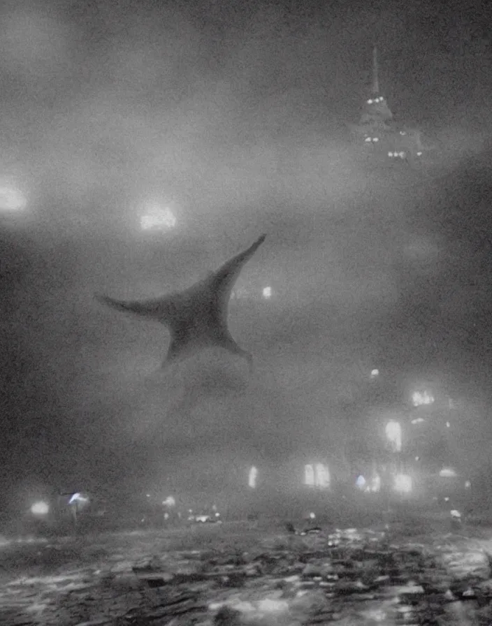 Image similar to a filmstill of a north korean monster movie, kaiju - eiga monster starfish - like trampling a traditional korean palace, foggy, film noir, video compression