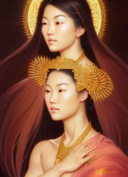 Image similar to perfectly feminine face!! portrait of an asian goddess blessed by a nature goddess with ever - increasing physical mental perfection, blonde, symmetrical! intricate, sensual features, highly detailed, biblical divine holy perfection!! digital painting, artstation, concept art, smooth, sharp focus, illustration, art by artgerm and greg rutkowski and alphonse mucha