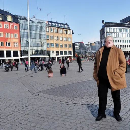 Prompt: en bronsstaty av leif gw persson pa sergels torg