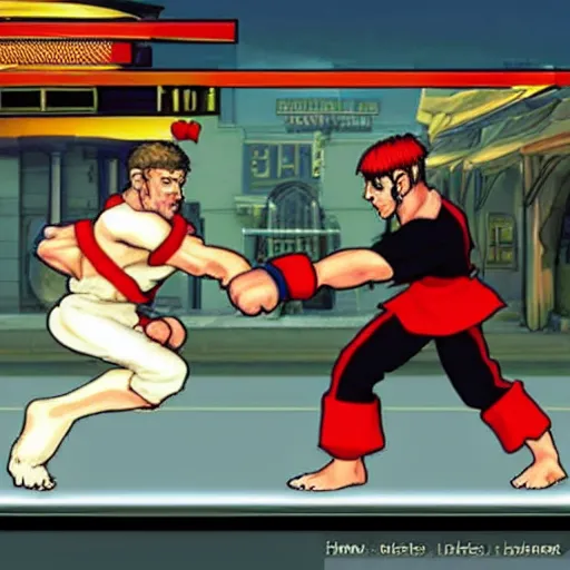 Image similar to rowan atkinson fist fighting hugh laurie as street fighter characters, street fighter game style, high detail