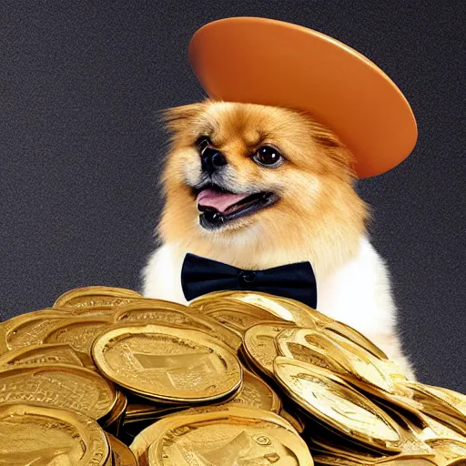 Prompt: A tan pomeranian wearing a top-hat, sitting on top of a large pile of gold coins