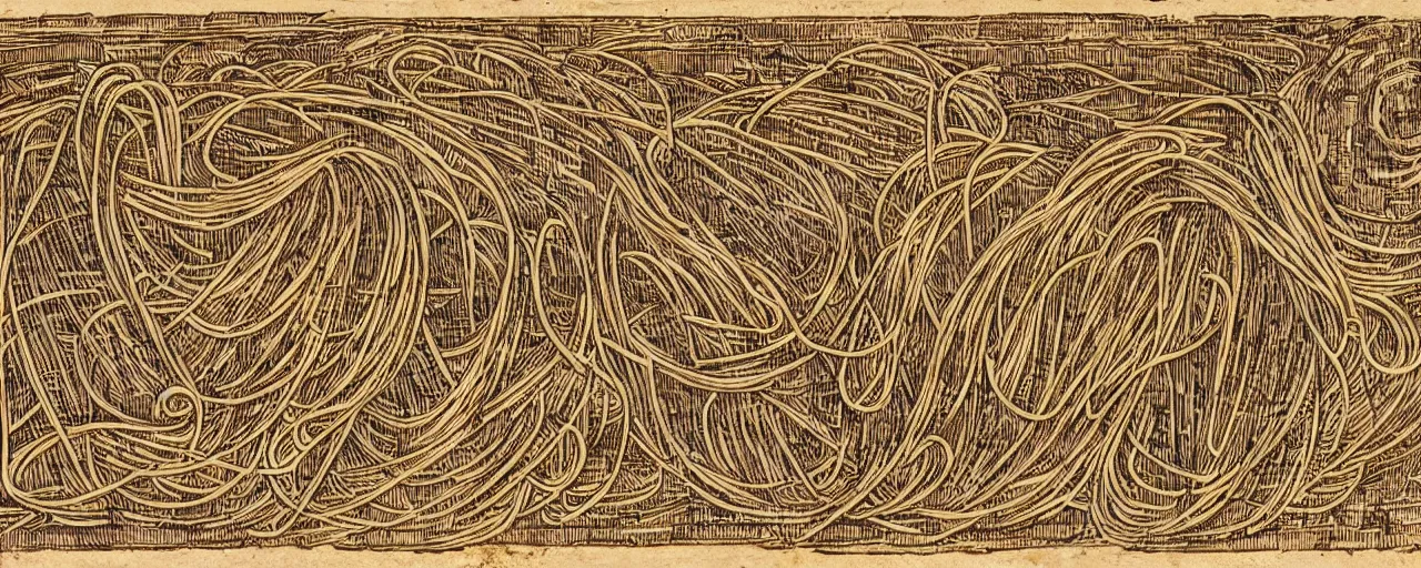 Image similar to ancient book with images of spaghetti, in the style of the book of the dead, fine detail,