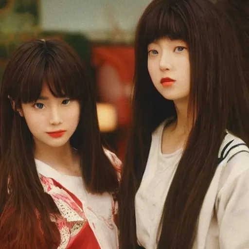 Image similar to 1990s, unbelievably beautiful, perfect, dynamic, epic, cinematic 8K HD movie shot of two semi-close-up japanese beautiful cute young J-Pop idols actresses girls, they express joy and posing together. By a Chinese movie director. Motion, VFX, Inspirational arthouse, high budget, hollywood style, at Behance, at Netflix, with Instagram filters, Photoshop, Adobe Lightroom, Adobe After Effects, taken with polaroid kodak portra