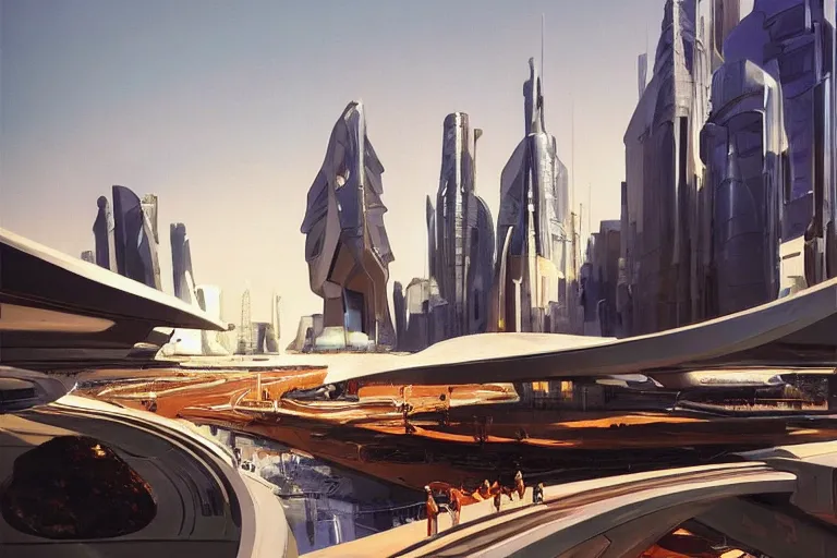 Image similar to natural landscape with futuristic buildings, painting by syd mead, highly detailed, soft lighting, 8 k resolution, oil on canvas, architectural magazine, beautiful detailed, insanely intricate details, artstation trending