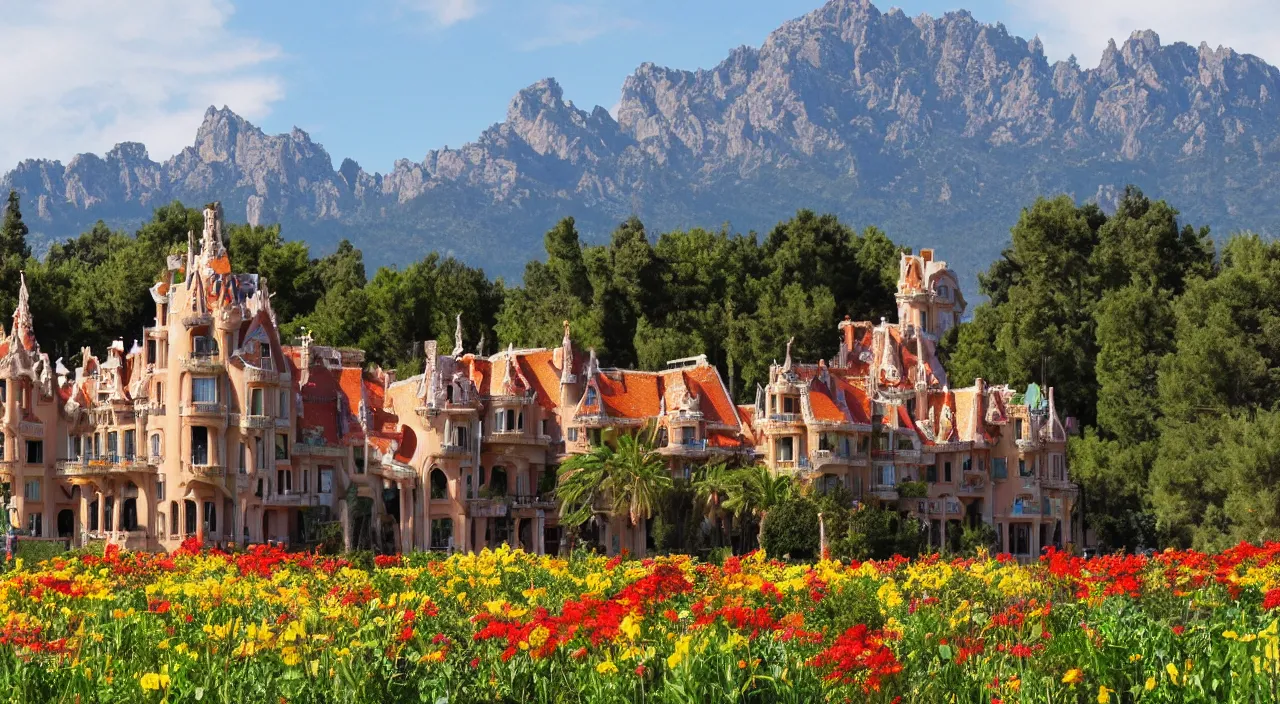 Image similar to a manor designed by Antoni Gaudí, with flower fields as foreground, with mountains as background