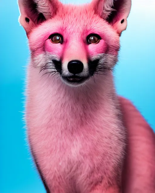 Prompt: pink shaved fox, portrait, blue background, 8 k, 8 5 mm f 1. 8