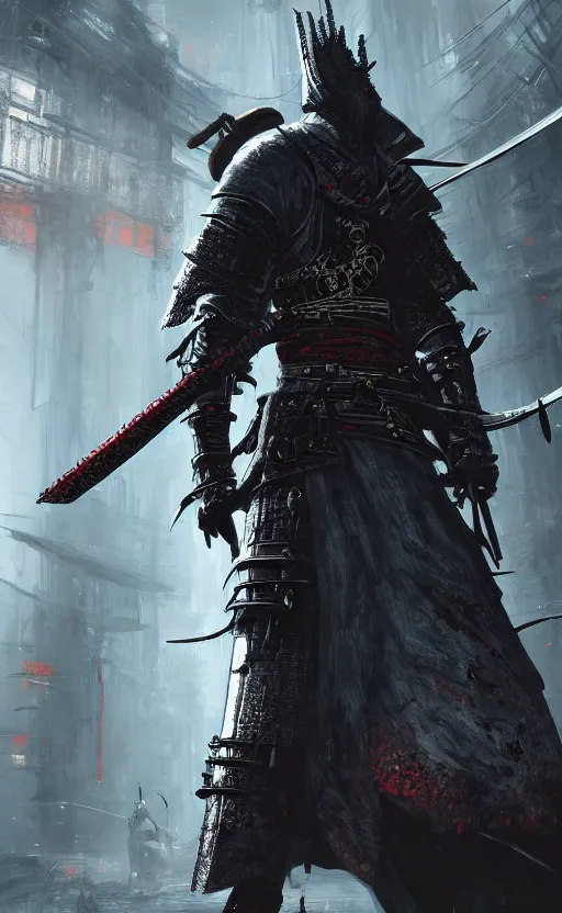 Image similar to a portrait of cyberpunk samurai with double sword, bloodborne concept art, 4 k