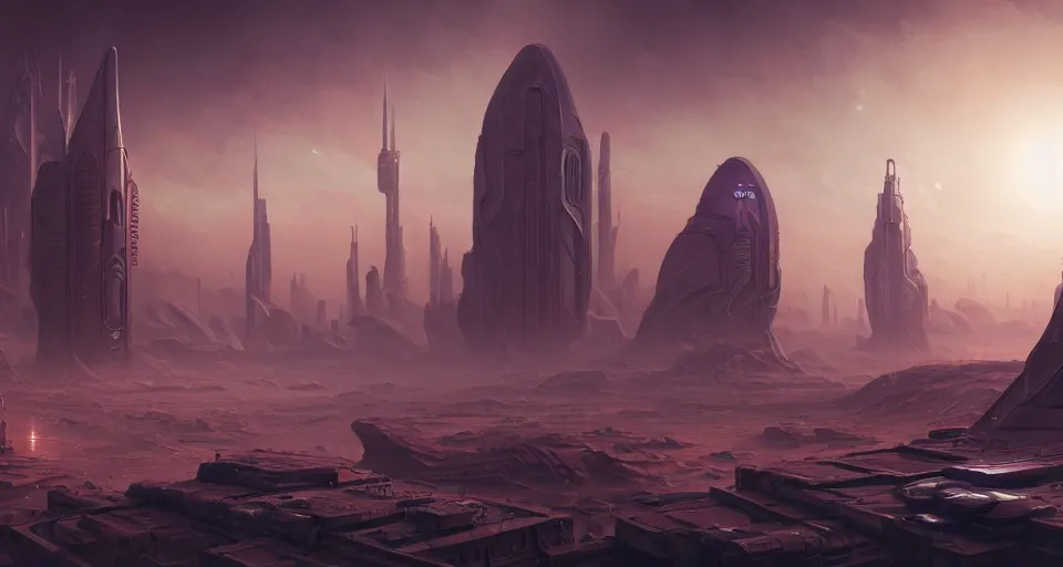 Image similar to cinematic shot, futuristic city on the mars made of tiered disks, utopian, digital painting, artstation, concept art, smooth, sharp focus, illustration, intricate, elegant, highly detailed, in the style of greg rutkowski and alphonse mucha and artemisia, 8 k, highly detailed, jurgens, rutkowski