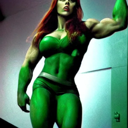 Image similar to scarlett johansson as green skinned hulk, she - hulk, green skin, muscular, bodybuilding woman, wheyfu, movie still