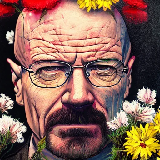 Prompt: painting of walter white dressed with flowers, illustration, artistic, colorful, hyper detailed, in the style of Greg Rutkowski