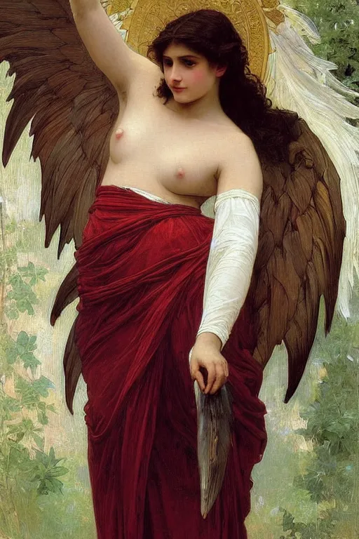 Image similar to painting of a beautiful clothed angel with huge feather wings, intricate, elegant, hyperdetailed by william - adolphe bouguereau and alphonse mucha and john william waterhouse