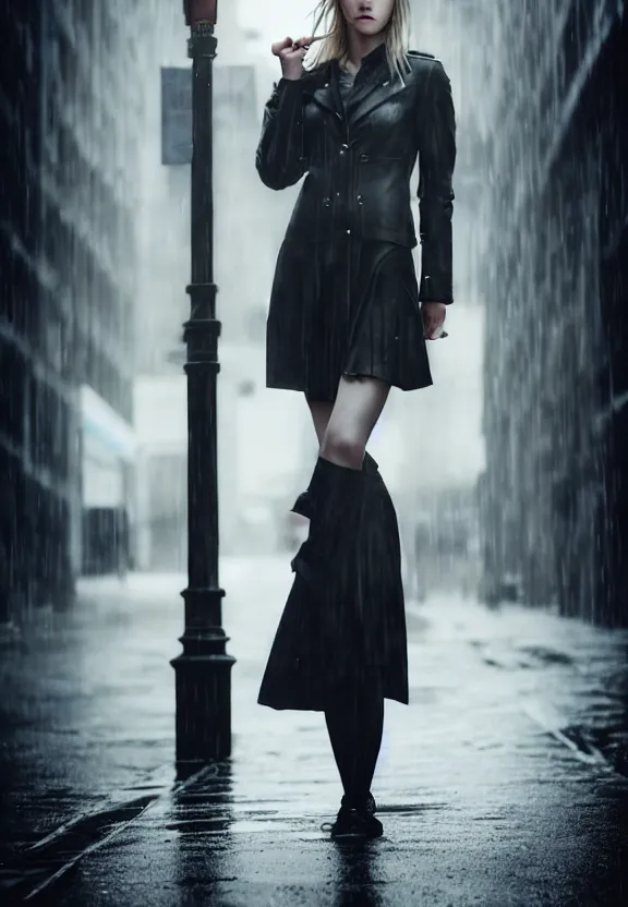 Image similar to cute model annie leonhart posing in dunwall city, beautiful face, detailed face, realistic eyes, cinematic lighting, rainy weather, melancholy atmosphere, volumetric light, gothic architecture, realistic reflections, model agency, instagram photo, depression atmosphere, shot on sony a 7, beauty filter, postprocessing