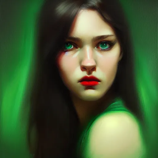 Image similar to a realistic illustration portrait of a beautiful cute girl with wavy black red hair, a pointy nose and, round chin black eyeliner, green pupills, trending on artstation, hyper - realistic lighting, intricate by casey baugh