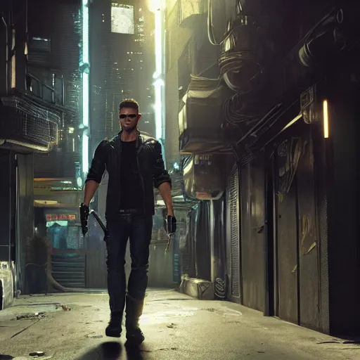 Prompt: a detailed sci fi concept art of an extremely handsome jensen ackles as the terminator walking down a dark alley in cyberpunk 2 0 7 7, holding two sawed off shotguns, volumetric lighting, octane render, 8 k, art by greg rutkowski and albert bierstadt and alphones mucha