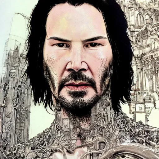 Prompt: realistic detailed image of a Keanu Reeves by Katsuya Terada, gothic, masterpiece