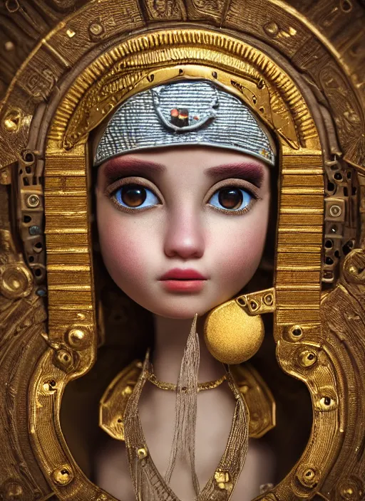 Image similar to closeup portrait of tin toy cleopatra bikin girl trap, depth of field, zeiss lens, detailed, symmetrical, centered, fashion photoshoot, by nicoletta ceccoli, mark ryden, lostfish, breathtaking, 8 k resolution, extremely detailed, beautiful, establishing shot, artistic, hyperrealistic, octane render