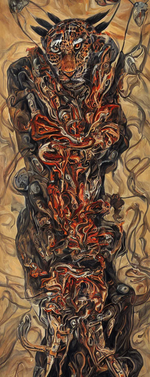 Image similar to an intricated and detailed painting of a shaman turning into a jaguar by jose clemente orozco 4 k render